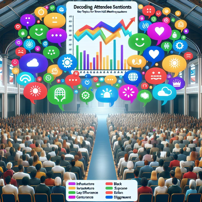 Illustration of key topics for Town Hall Meeting Feedback survey questions to decode attendee sentiments.