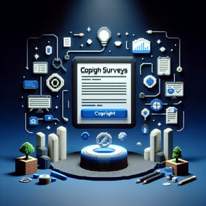 3D voxel art depicting the concept of online copyright survey questions on a dark blue background.