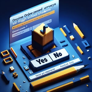 3D voxel art depicting online surveys, ideal for high school students, set against a dark blue background.