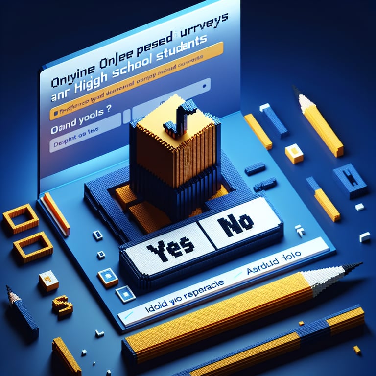 3D voxel art depicting online surveys, ideal for high school students, set against a dark blue background.
