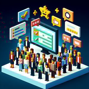 3D voxel art depicting online patient satisfaction survey concept on a dark blue background.