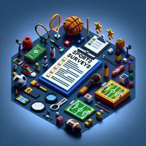 3D voxel art depicting online sports survey concept on a dark blue background.