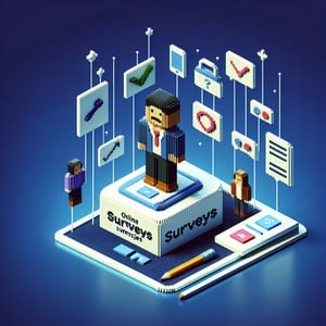 3D voxel art depicting the concept of online CME needs assessment surveys on a dark blue background.