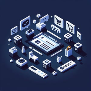 3D voxel art depicting online surveys on a dark blue background, symbolizing product purchase queries.