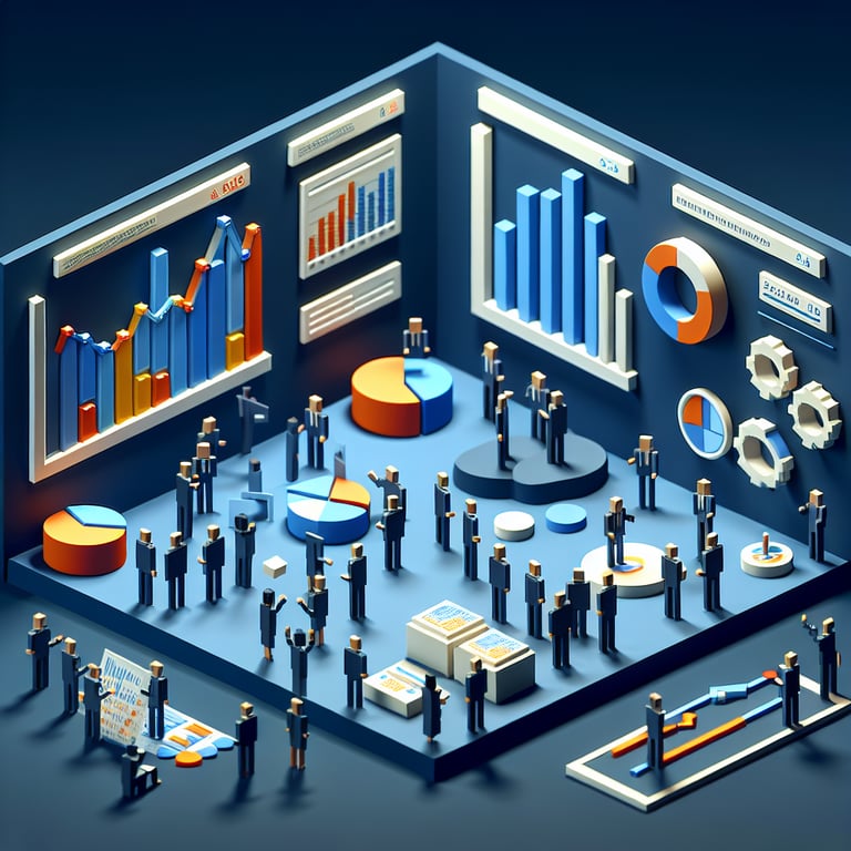3D voxel art depicting online economic surveys on a dark blue background.