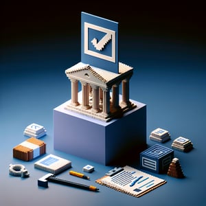 3D voxel art depicting online survey concept, dark blue background, no text or branded content.