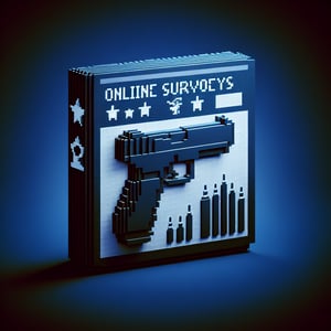 3D voxel art depicting online firearm survey concept on a dark blue background.