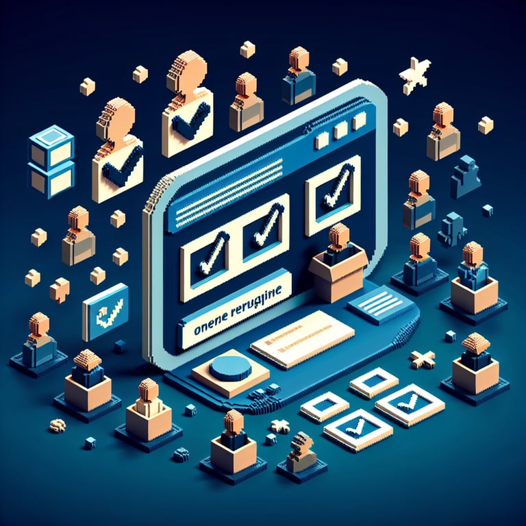 3D voxel art depicting online customer loyalty surveys on a dark blue background.