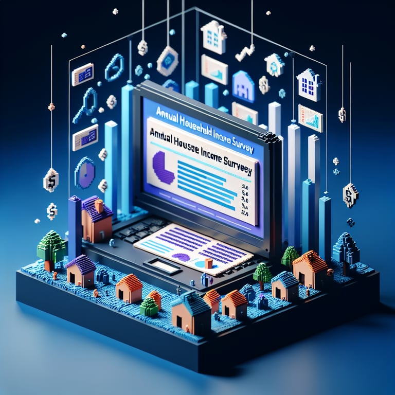 3D voxel art depicting online annual household income surveys on a dark blue background.