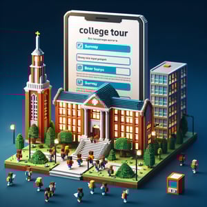 3D voxel art depicting the concept of online college tour surveys on a dark blue background.