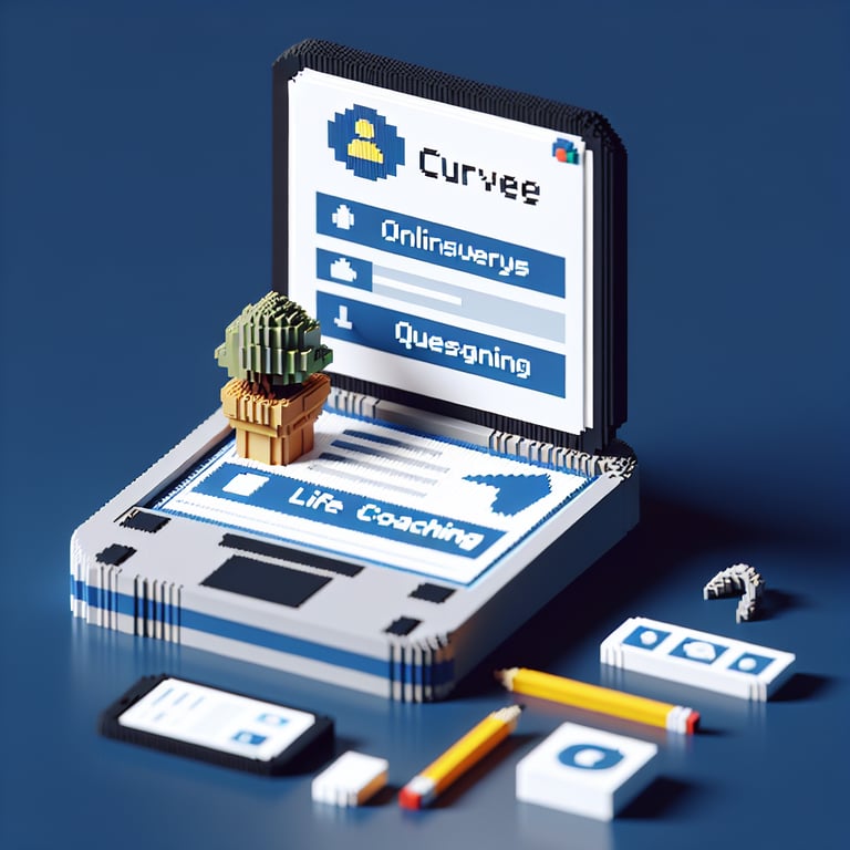 3D voxel art depicting online life coaching surveys, featuring engaging elements on a dark blue background.