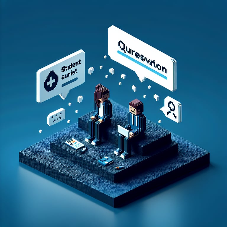 3D voxel art depicting online student mental health surveys on a dark blue background.