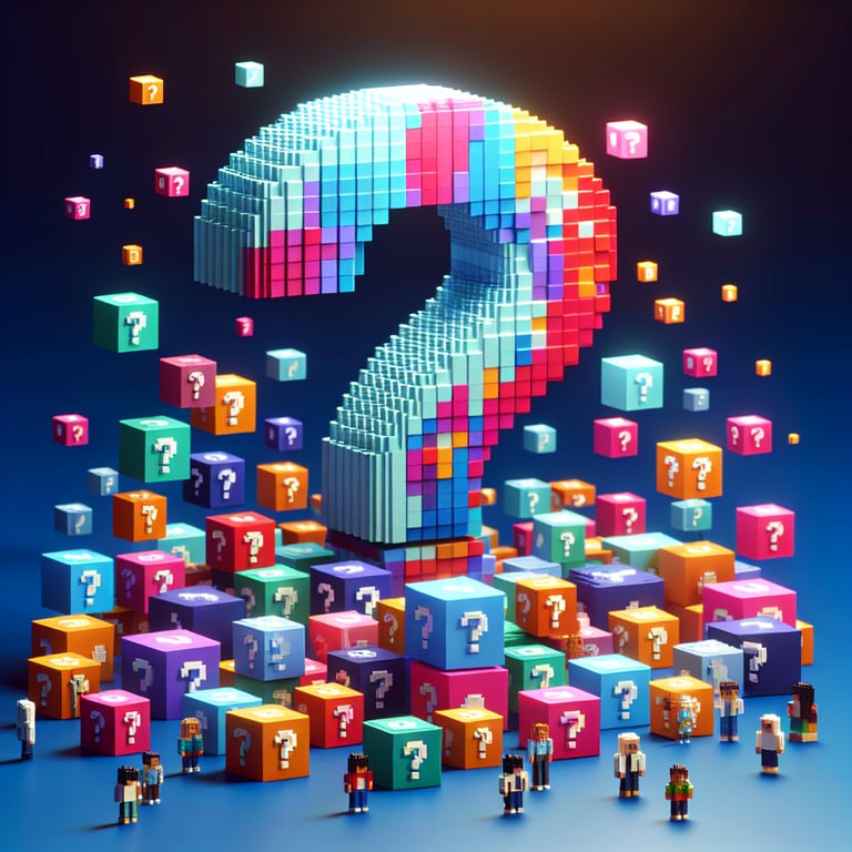 3D voxel art depicting online surveys and questions against a dark blue background.