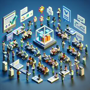 3D voxel art depicting the process of online audience analysis surveys on a dark blue background.