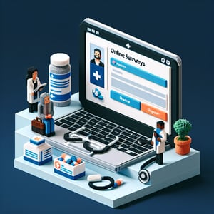 3D voxel art depicting online pharmacy customer surveys against a dark blue background.