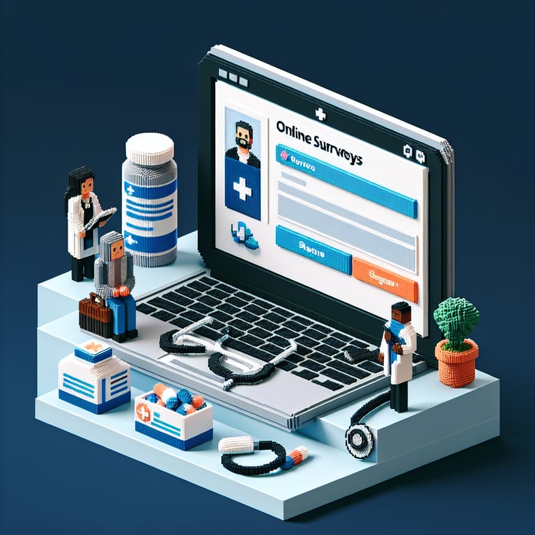 3D voxel art depicting online pharmacy customer surveys against a dark blue background.
