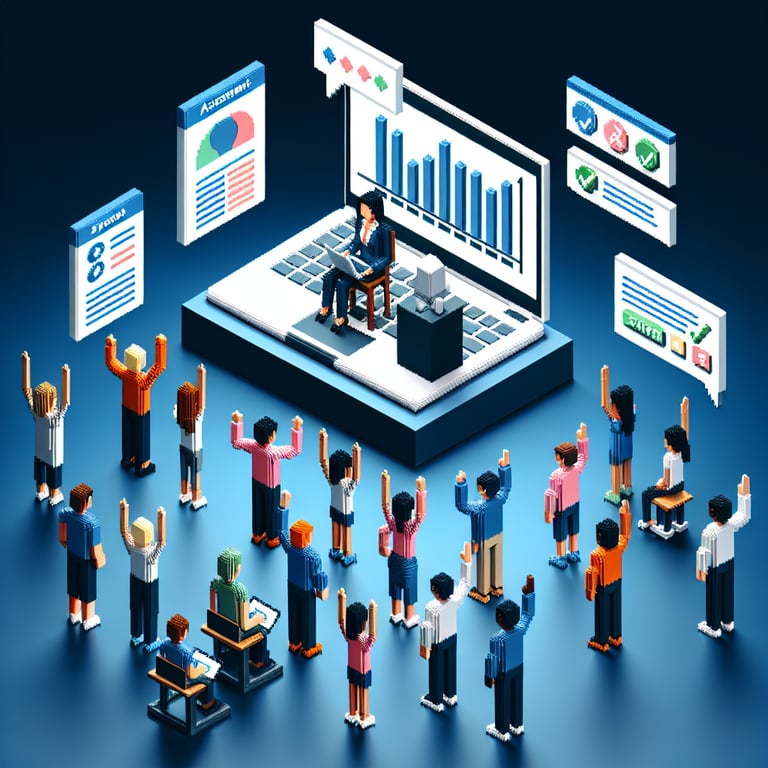 3D voxel art depicting online surveys, symbolizing education needs assessment. Dark blue background.