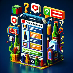 3D voxel art depicting online surveys on alcohol use among high school students on a dark blue background.