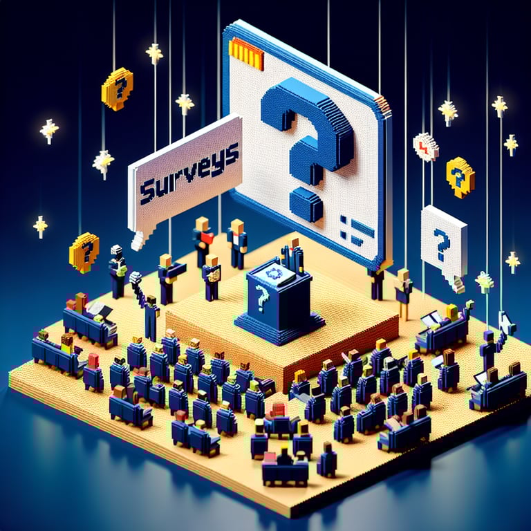 3D voxel art depicting online surveys, ideal for asking conference speakers questions, against a dark blue background.