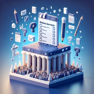 3D voxel art depicting online presidential survey concept on a dark blue background.