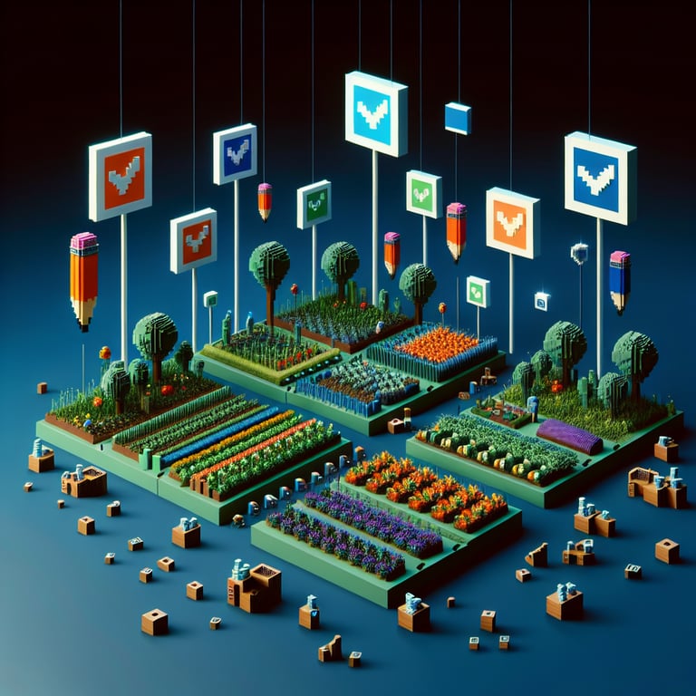 3D voxel art depicting online community garden surveys with a dark blue background.