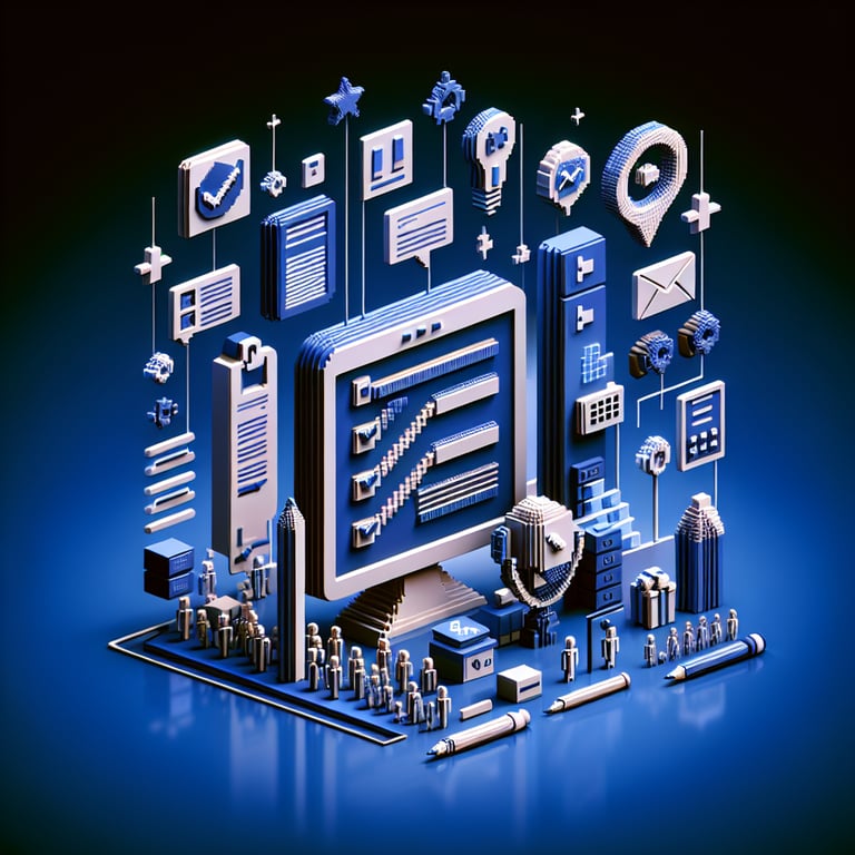 3D voxel art depicting online surveys and questions, with a dark blue background.