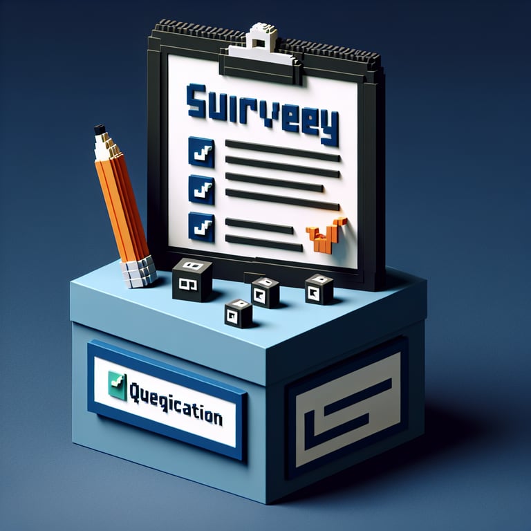 3D voxel art illustrating the concept of online survey questions for a coaching program, on a dark blue background.