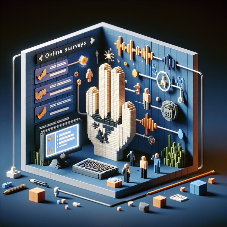 3D voxel art depicting online surveys on a dark blue background, representing deaf culture surveys.