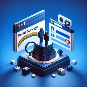 3D voxel art depicting online survey concept with a focus on same-sex marriage, set against a dark blue background.