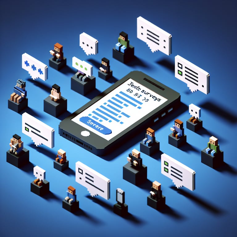 Artistic 3D voxel art illustrating an SMS feedback questionnaire