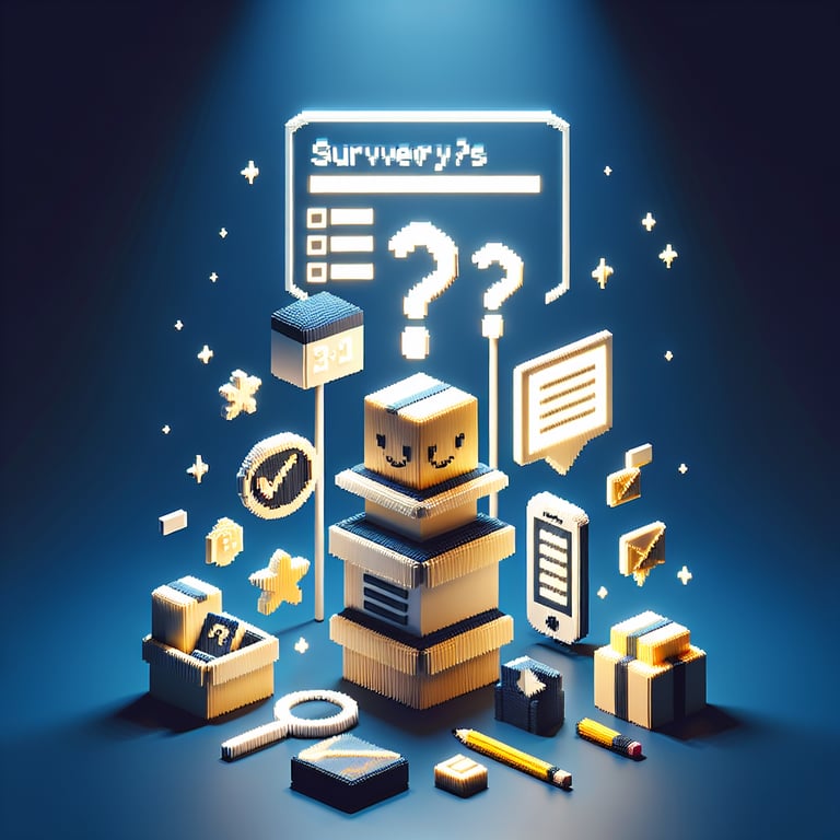 3D voxel art depicting online customer surveys, with a dark blue background.