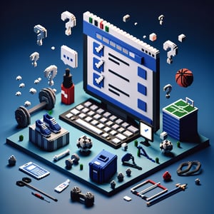3D voxel art depicting online survey concept, with elements related to sport injuries, on a dark blue background.