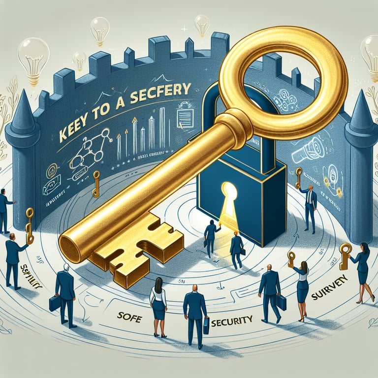 Illustration depicting the concept of using security survey questions as keys to a safer business.