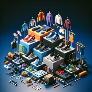 3D voxel art depicting online activewear surveys on a dark blue background.
