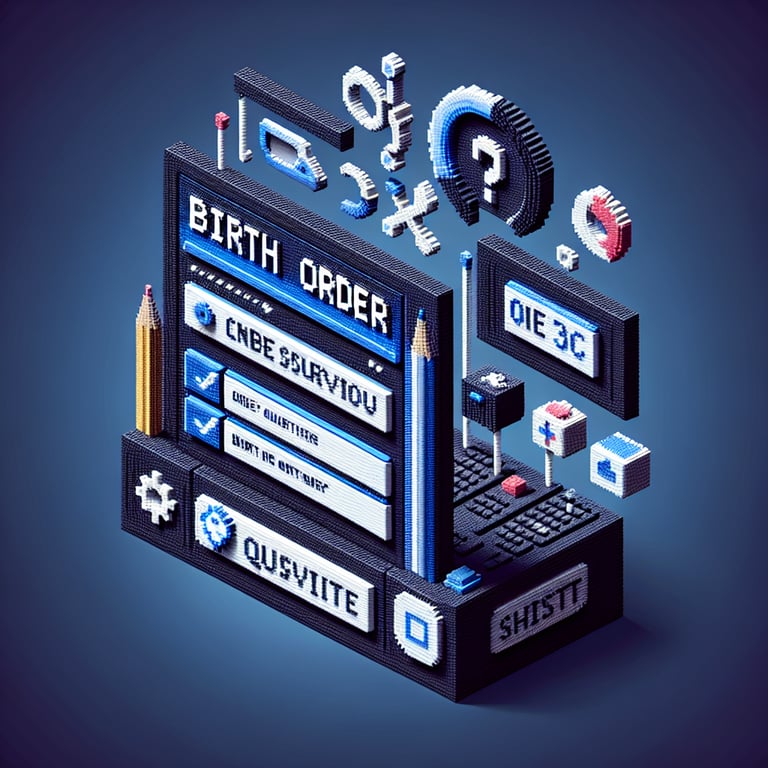 3D voxel art depicting online birth order survey concept on a dark blue background.