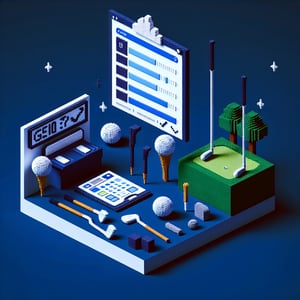 3D voxel art depicting online post golf tournament surveys on a dark blue background.