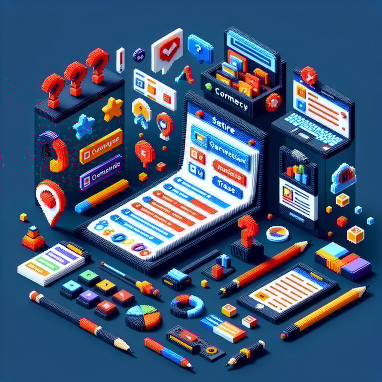 3D voxel art illustrating the concept of online competency survey questions on a dark blue background.