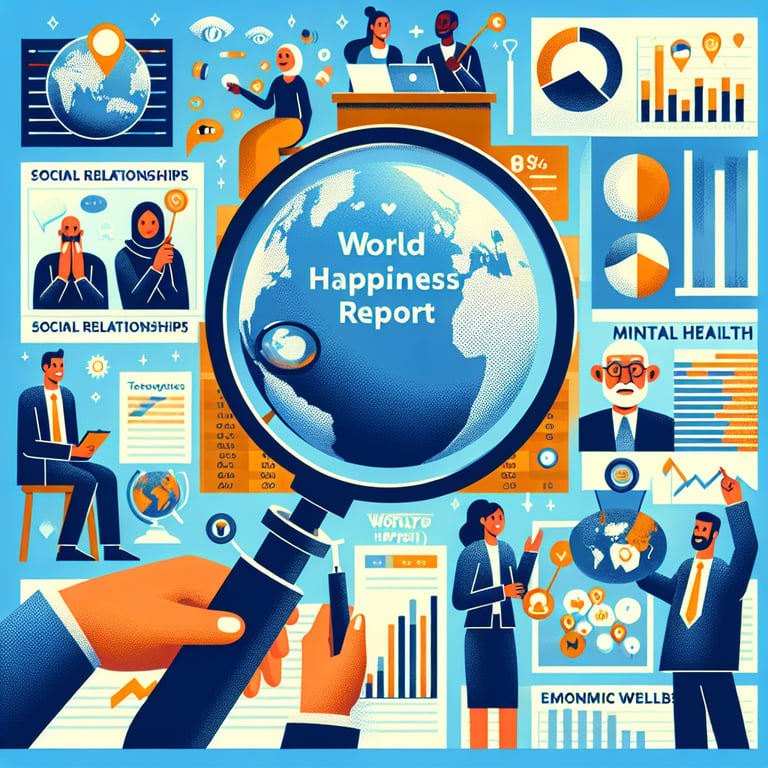 Illustration highlighting key topics in World Happiness Report survey questions.