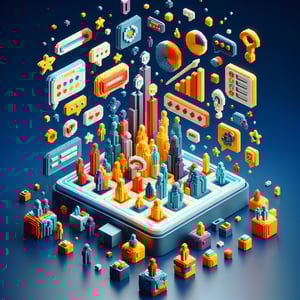 3D voxel art representation of online channel partner survey with a dark blue background.