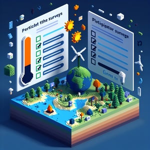 3D voxel art depicting online climate change survey, with dark blue background.