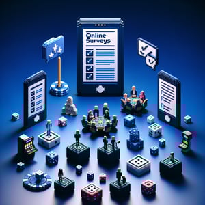 3D voxel art depicting online casino surveys against a dark blue background.
