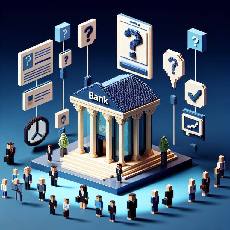 3D voxel art depicting online banking survey process on a dark blue background.
