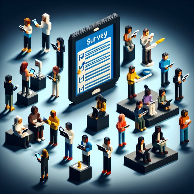 3D voxel art depicting online hazing surveys with a dark blue background.