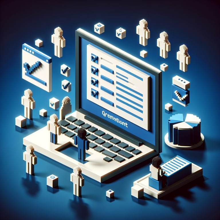 3D voxel art depicting online surveys, representing organizational effectiveness queries on a dark blue background.