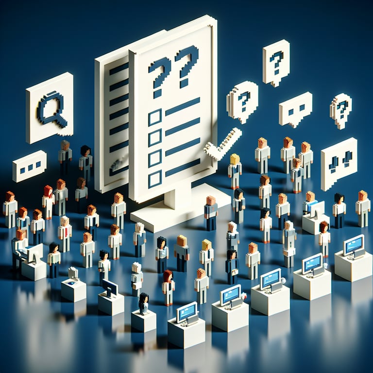 3D voxel art depicting the concept of online employee engagement surveys on a dark blue background.