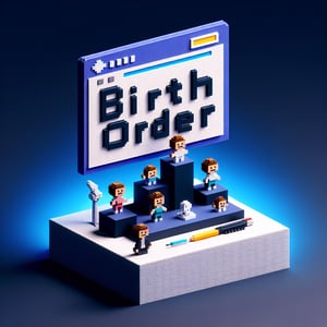 3D voxel art depicting online birth order surveys on a dark blue background.