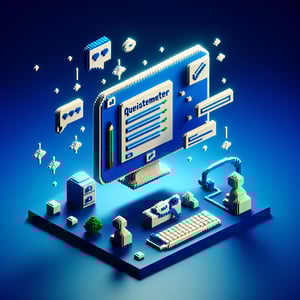 3D voxel art depicting online satisfaction questionnaire surveys, set against a dark blue background.