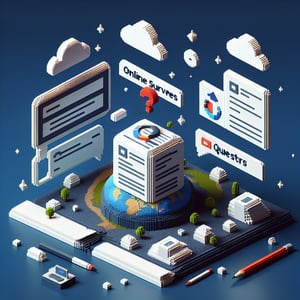 3D voxel art depicting online course surveys with a dark blue background.