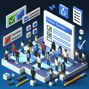 3D voxel art depicting online student surveys, with a dark blue background.