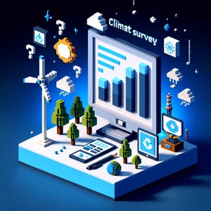 3D voxel art depicting online climate surveys against a dark blue background.